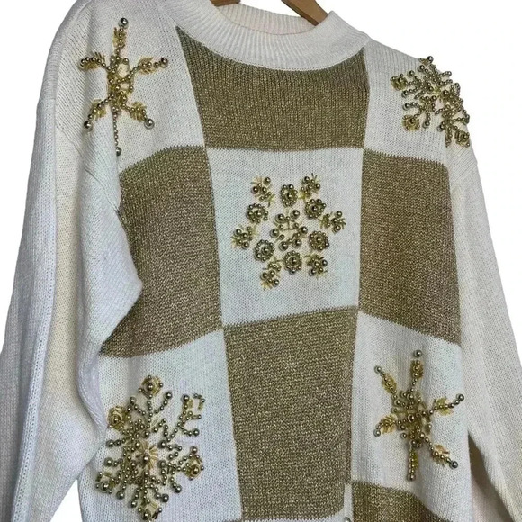 Lew Magrum VINTAGE gold and cream, gold beaded snowflake Christmas sweater SZ-L - Picture 2 of 11
